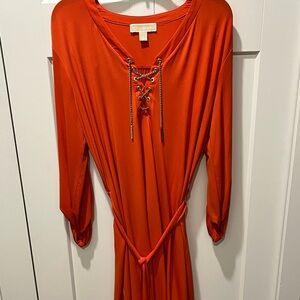 MICHAEL KORS AUTHENTIC PRE-LOVED ORANGE & GOLD CHAIN LONG SLEEVES DRESS